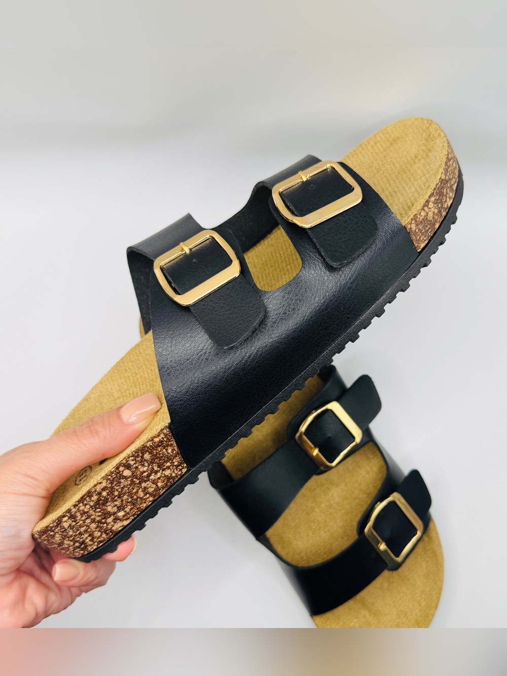 NWT Classic Double Buckle Black Cork Footbed Sandals - Size 6.5 - Picture 6 of 6